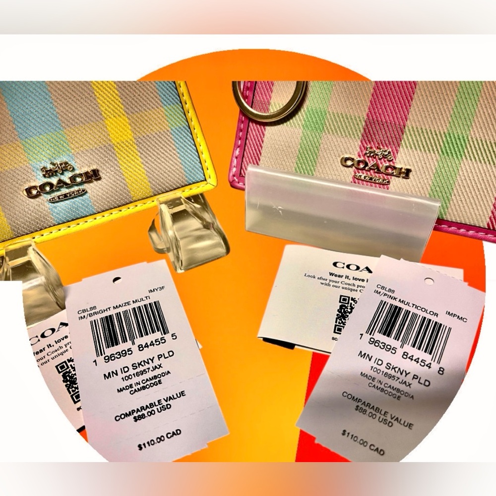 Coach NWT Leather &Canvas CHOOSE PINK orYELLOW Slim Plaid Card Holder/keychain - Picture 12 of 14